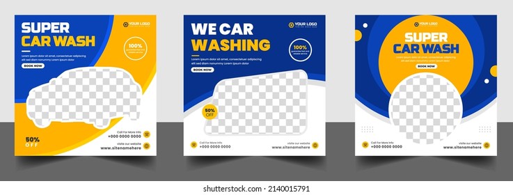 Car Washing Service Social Media Post Banner Design. Car Washing Social Media Post Banner Template Set, Car Wash Social Media Banner Design Template. Car Washing Marketing Post Banner Design.