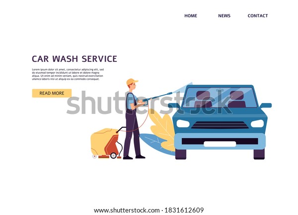 Car washing service website banner\
mockup with cartoon man doing manual car wash with water, flat\
vector illustration. Employee of wash cleaning car\
outside.