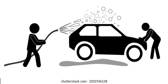 Car Washing Service. Workers with Hose & Soap Cleaning Vehicle. Monochrome Vector Illustration