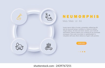 Car washing set line icon. Glitter, microphone, hose, water, sponge, cleaning product. Neomorphism style. Vector line icon for business and advertising