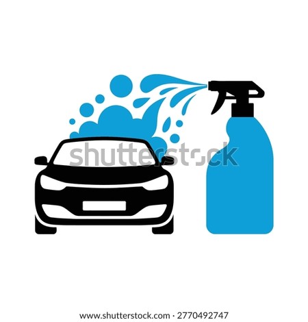 Car washing with spray bottle and soap suds cleaning vehicle front
