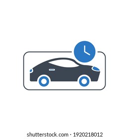 Car with watch, car timing, rent time icon. 