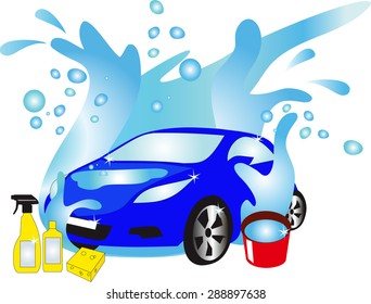 the car in water flow, detergents for transport, the car on a sink, simply washed up the car, a yellow sponge for washing from cars, chemical means, the car in water,
