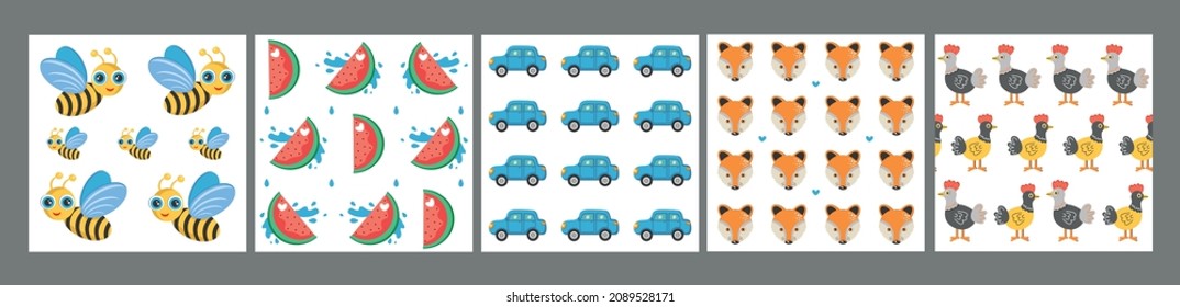 Car, watermelon, bee, fox, chicken. Set of bright vector backgrounds for kids. Vector illustration. Seamless pettern