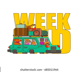 Car for weekend outline style. Family go to camping line style. Things to relax. Bicycles and suitcases. Dog from window. Children and parents go in auto. Family holiday