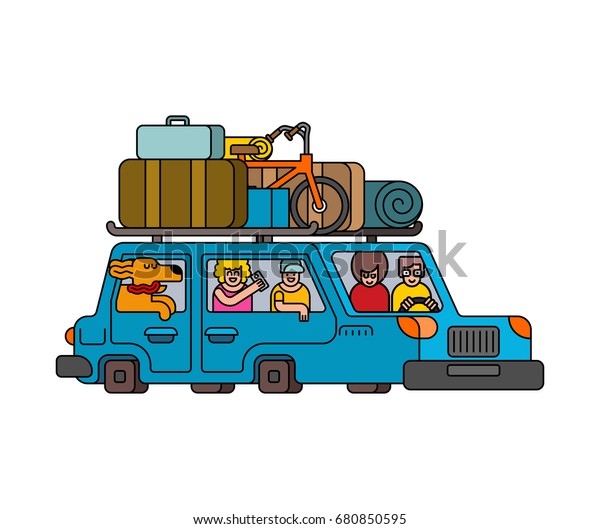 Car for weekend\
outline style. Family go to camping line style. Things to relax.\
Bicycles and suitcases. Dog from window. Children and parents go in\
auto. Family holiday