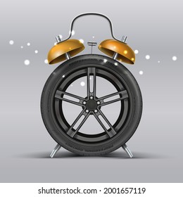 Car Wheel Alert Concept Isolated. Realistic Tire Shine Analog Clock Alarm. Sport And Speed Concept.