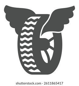 Car wheel with angel wings solid icon, tires fitting concept. Vector graphics. Used rubber tire, changing wheels sign on white background, glyph style icon for mobile or web design