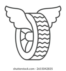 Car wheel with angel wings thin line icon, tires fitting concept. Vector graphics. Used rubber tire, changing wheels sign on white background, outline style icon for mobile or web design