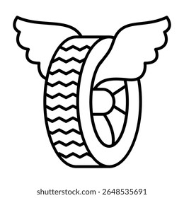 Car wheel with angel wings thin line icon, tires fitting concept. Vector graphics. Used rubber tire, changing wheels sign on white background, style mobile or design