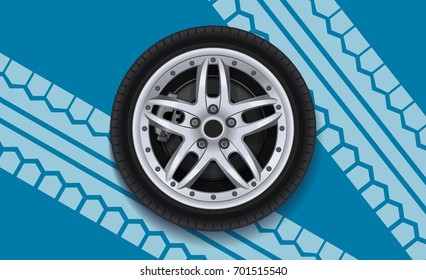 Car wheel with brake gear. Blue background. Realistic vector.