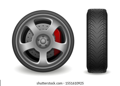 Car wheel with brake gear isolated on white. Realistic car tires vector illustration EPS 10