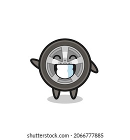 car wheel cartoon character doing wave hand gesture , cute style design for t shirt, sticker, logo element