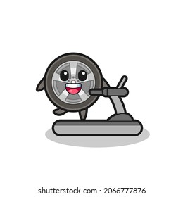 car wheel cartoon character walking on the treadmill , cute style design for t shirt, sticker, logo element