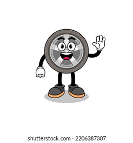 Car Wheel Cartoon Doing Wave Hand Gesture , Character Design