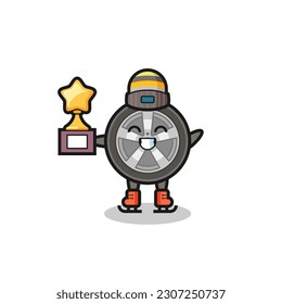 car wheel cartoon as an ice skating player hold winner trophy , cute style design for t shirt, sticker, logo element