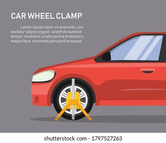 Car wheel clamp. side view. Locked illegally parked cars. vector illustration in flat style modern design. isolated on gray background.