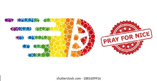 Car wheel collage icon of round dots in variable sizes and LGBT color tones, and Pray for Nice grunge rosette seal imitation. A dotted LGBT-colored Car wheel for lesbians, gays, transgenders,