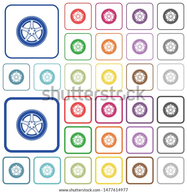 Car wheel color flat icons in rounded\
square frames. Thin and thick versions\
included.