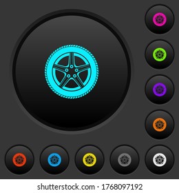 Car wheel dark push buttons with vivid color icons on dark grey background