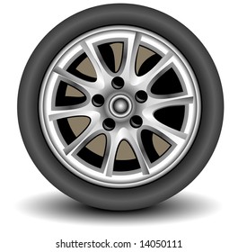 Car wheel in details on white background with shadow, vector, illustration