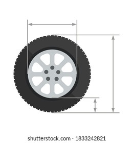 Car wheel with dimensions. The height and width of the car tire. Vector illustration, flat design, isolated on white background.