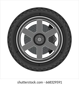 Car wheel with disc brake. Side view, flat design. Isolated on a white background. Vector illustration.