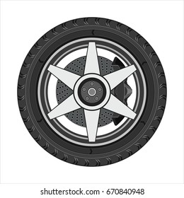 Car wheel with disc brake. Side view, flat design. Isolated on a white background. Vector illustration.