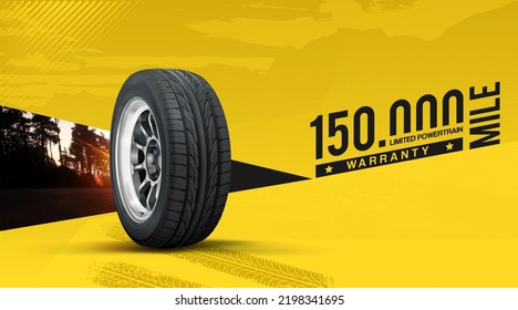 Car wheel with a disk on a yellow background. Advertising banner - warranty case. Tire closeup. Outdoor printing. Wheel tread. Replacing summer winter. Landscape poster, flyer, booklet, brochure web.