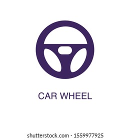 Car wheel element in flat simple style on white background. Car wheel icon, with text name concept template