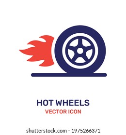 Car wheel with fire flame icon vector. Hot wheel, speed, fast symbol