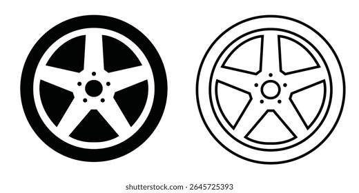 Car wheel five spoke rim icon showing filled and outlined vector designs representing automotive components