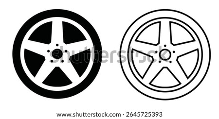 Car wheel five spoke rim icon showing filled and outlined vector designs representing automotive components