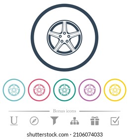 Car wheel flat color icons in round outlines. 6 bonus icons included.