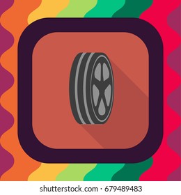 car wheel flat icon with long shadow, vector illustration