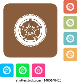 Car wheel flat icons on rounded square vivid color backgrounds.