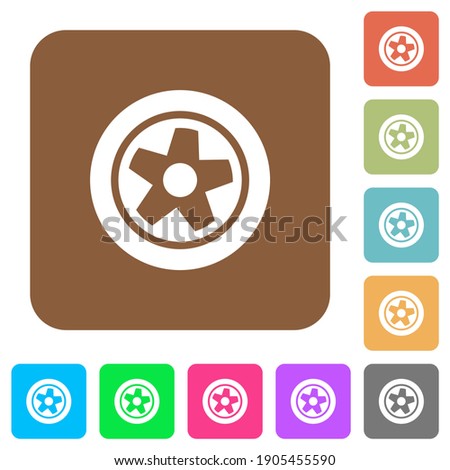 Car wheel flat icons on rounded square vivid color backgrounds.