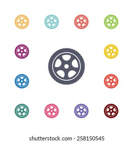 car wheel flat icons set. Open colorful buttons 