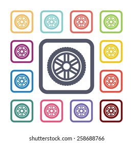 car wheel flat icons set. Open colorful buttons 