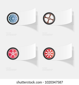 Car wheel. Flat sticker with shadow on white background. Vector illustration