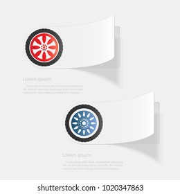 Car wheel. Flat sticker with shadow on white background. Vector illustration
