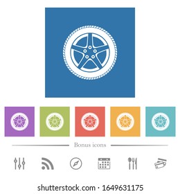 Car wheel flat white icons in square backgrounds. 6 bonus icons included.