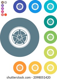 Car wheel flat white icons on round color backgrounds. 17 background color variations are included.
