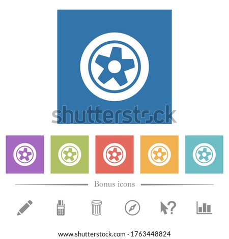 Car wheel flat white icons in square backgrounds. 6 bonus icons included.