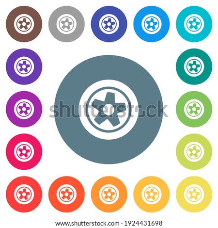 Car wheel flat white icons on round color backgrounds. 17 background color variations are included.