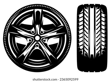 Rueda del coche, vistas frontales y laterales. Disco metálico y neumático de goma. Conjunto de ilustraciones vectoriales monocromáticas.
