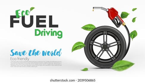 Car wheel with fuel and green leaves nozzle isolated on white background. Green energy concept.