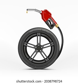 Car wheel with a fuel nozzle on a white background. Petrol Economy Concept. Car Refueling on Fuel Station. Pumping Gasoline Oil. Service Filling Gas or Biodiesel. Automotive Industry, transportation.