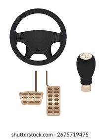 Rueda de coche, engranajes y pedales. Vector	