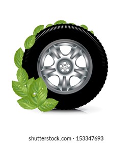 car wheel and green leaves; green energy concept isolated on white